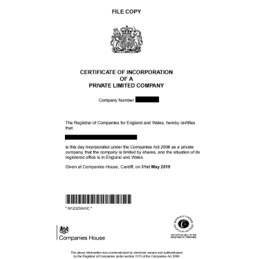 Свидетельство о регистрации в Великобритнии