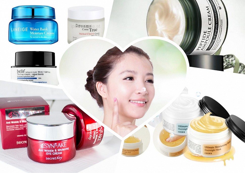 девущка кореянка и баночки с кремами