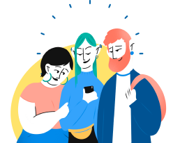 стилизованный рисунок трех человек, которые смотрят на экран сотового телефона